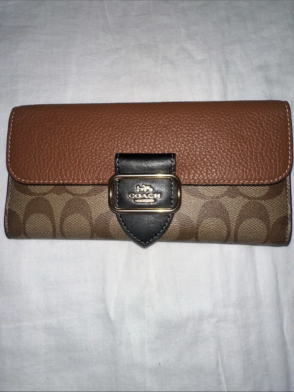 Coach Brown Signature Canvas Wallet with Tan Leather Flap